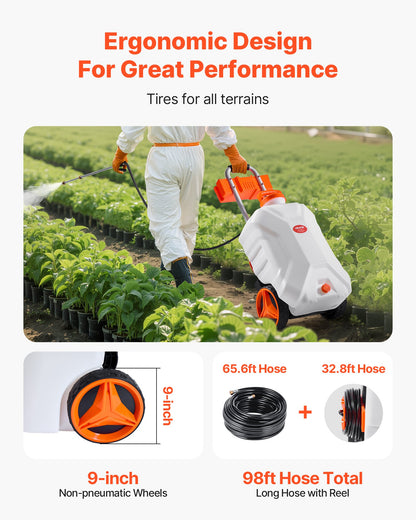 Battery-Powered Sprayer with Wheeled Cart, 10 Gallons Electric Weed Sprayer, Adjustable 0-80 PSI, Yard Lawn Sprayers with Wheels, 5 Nozzles & 98ft Hose, 3-6H Spray Time, for Weeding, Cleaning