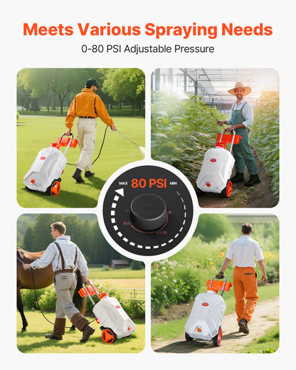 Battery-Powered Sprayer with Wheeled Cart, 10 Gallons Electric Weed Sprayer, Adjustable 0-80 PSI, Yard Lawn Sprayers with Wheels, 5 Nozzles & 98ft Hose, 3-6H Spray Time, for Weeding, Cleaning