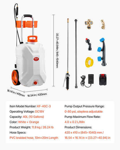 Battery-Powered Sprayer with Wheeled Cart, 10 Gallons Electric Weed Sprayer, Adjustable 0-80 PSI, Yard Lawn Sprayers with Wheels, 5 Nozzles & 98ft Hose, 3-6H Spray Time, for Weeding, Cleaning