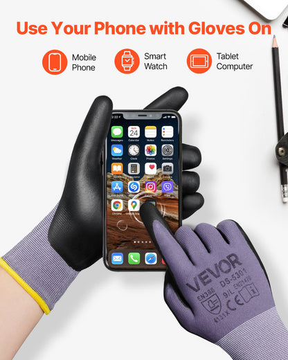 Work Gloves 12 Pairs Touch Screen Nitrile-Coated Garden Construction Gloves