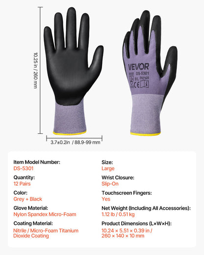 Work Gloves 12 Pairs Touch Screen Nitrile-Coated Garden Construction Gloves