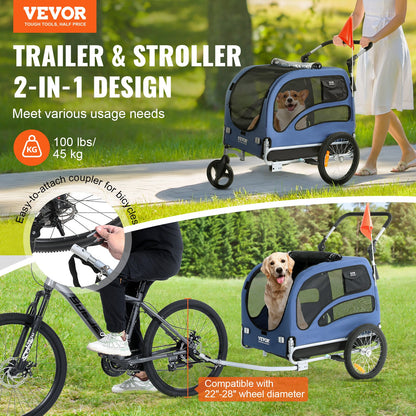 Dog Bike Trailer, Supports up to 100 lbs, 2-in-1 Pet Stroller Cart Bike Carrier, Simple Folding Cart Frame with Quick Release Wheels, Universal Bike Coupler, Reflectors, Flag, Blue/Black