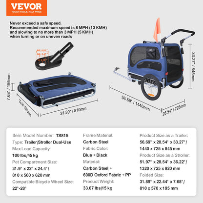 Dog Bike Trailer, Supports up to 100 lbs, 2-in-1 Pet Stroller Cart Bike Carrier, Simple Folding Cart Frame with Quick Release Wheels, Universal Bike Coupler, Reflectors, Flag, Blue/Black