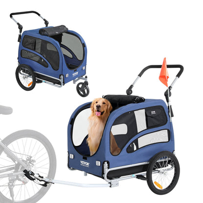 Dog Bike Trailer, Supports up to 100 lbs, 2-in-1 Pet Stroller Cart Bike Carrier, Simple Folding Cart Frame with Quick Release Wheels, Universal Bike Coupler, Reflectors, Flag, Blue/Black
