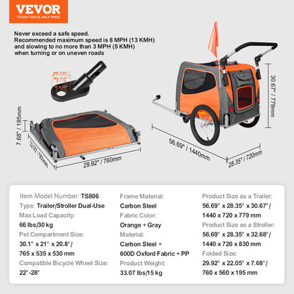 Hunde-Fahrradanhänger, unterstützt bis zu 30 kg, 2-in-1-Fahrradträger für Haustier-Kinderwagen, einfach zusammenklappbarer Wagenrahmen mit Schnellspannrädern, universelle Fahrradkupplung, Reflektoren, Flagge, Orange/Grau