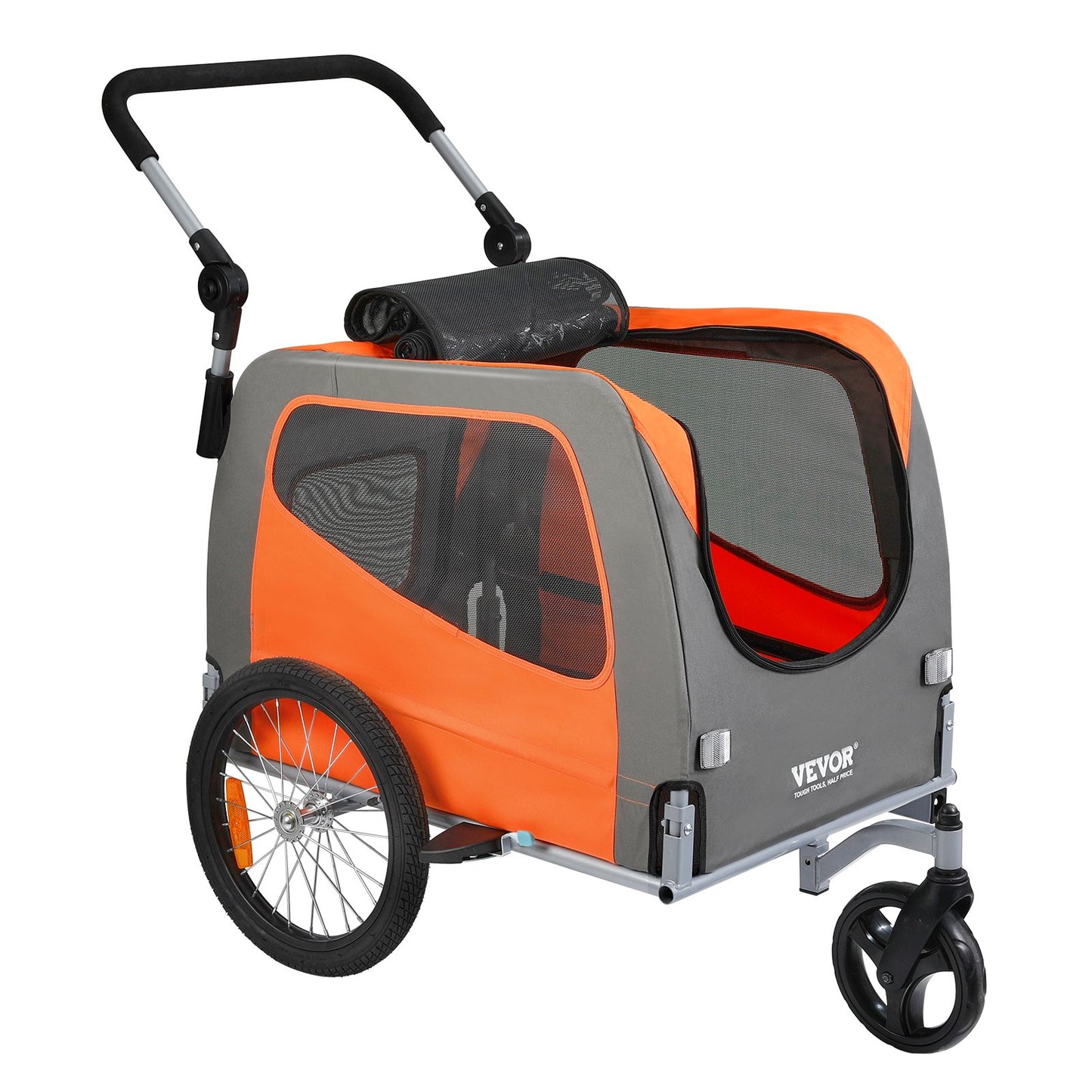 Hunde-Fahrradanhänger, unterstützt bis zu 30 kg, 2-in-1-Fahrradträger für Haustier-Kinderwagen, einfach zusammenklappbarer Wagenrahmen mit Schnellspannrädern, universelle Fahrradkupplung, Reflektoren, Flagge, Orange/Grau