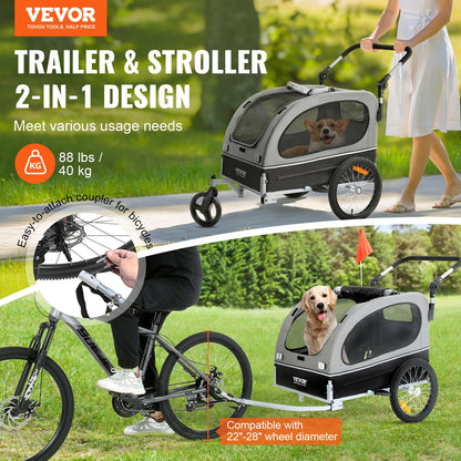 Dog Bike Trailer, Supports up to 88 lbs, 2-in-1 Pet Stroller Cart Bike Carrier, Simple Folding Cart Frame with Quick Release Wheels, Universal Bike Coupler, Reflectors, Flag, Black/Grey