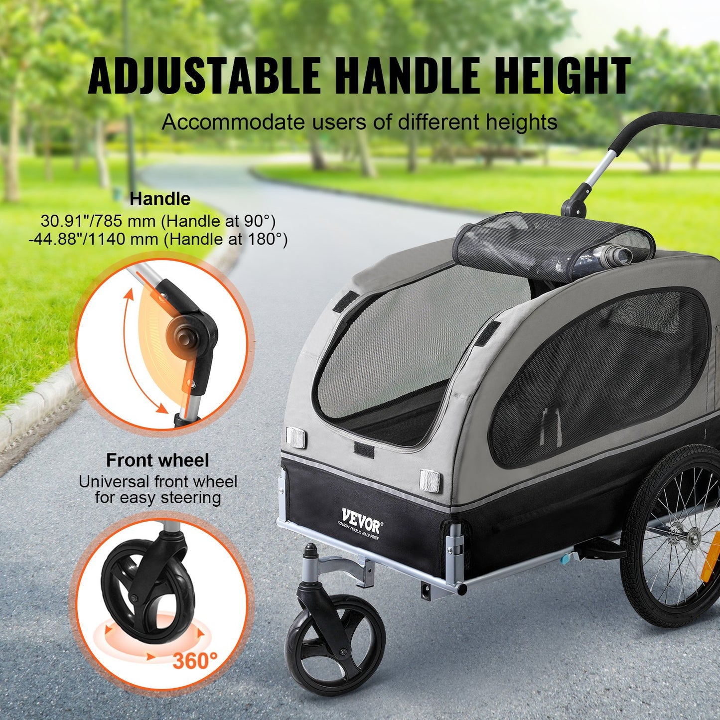 Dog Bike Trailer, Supports up to 88 lbs, 2-in-1 Pet Stroller Cart Bike Carrier, Simple Folding Cart Frame with Quick Release Wheels, Universal Bike Coupler, Reflectors, Flag, Black/Grey