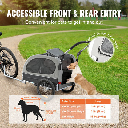 Dog Bike Trailer, Supports up to 88 lbs, 2-in-1 Pet Stroller Cart Bike Carrier, Simple Folding Cart Frame with Quick Release Wheels, Universal Bike Coupler, Reflectors, Flag, Black/Grey