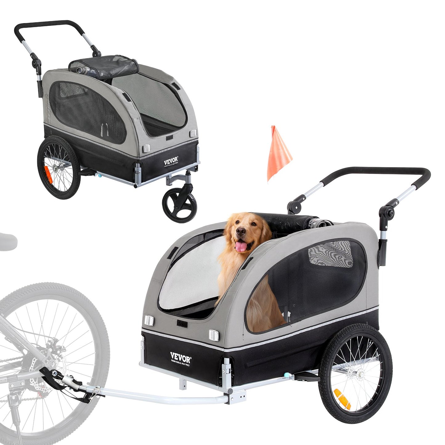 Dog Bike Trailer, Supports up to 88 lbs, 2-in-1 Pet Stroller Cart Bike Carrier, Simple Folding Cart Frame with Quick Release Wheels, Universal Bike Coupler, Reflectors, Flag, Black/Grey