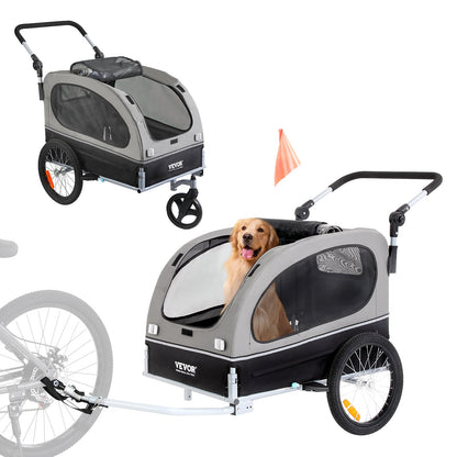 Dog Bike Trailer, Supports up to 88 lbs, 2-in-1 Pet Stroller Cart Bike Carrier, Simple Folding Cart Frame with Quick Release Wheels, Universal Bike Coupler, Reflectors, Flag, Black/Grey