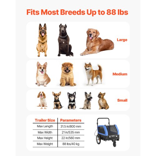 Hundcykelkärra, Stöder upp till 40 kg, 2-i-1 Hundvagn Cykelhållare för Små & Stora Hundar, Lättfällbar Ram med Snabbkopplingshjul, Universal Cykelkoppling, Invändigt Koppel |  EU