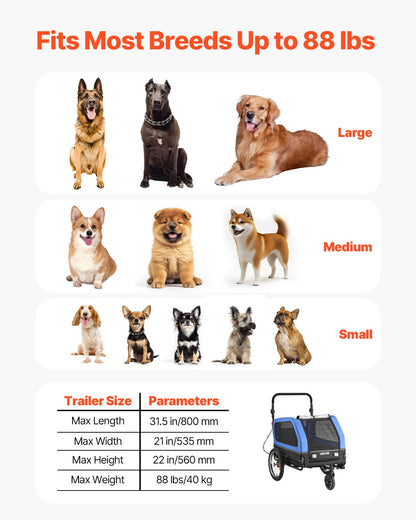 Dog Bike Trailer, Supports up to 88 lbs, 2-in-1 Pet Stroller Cart Bicycle Carrier for Small & Large Dogs, Easy Folding Frame with Quick Release Wheel, Universal Bicycle Coupler, Internal Leash