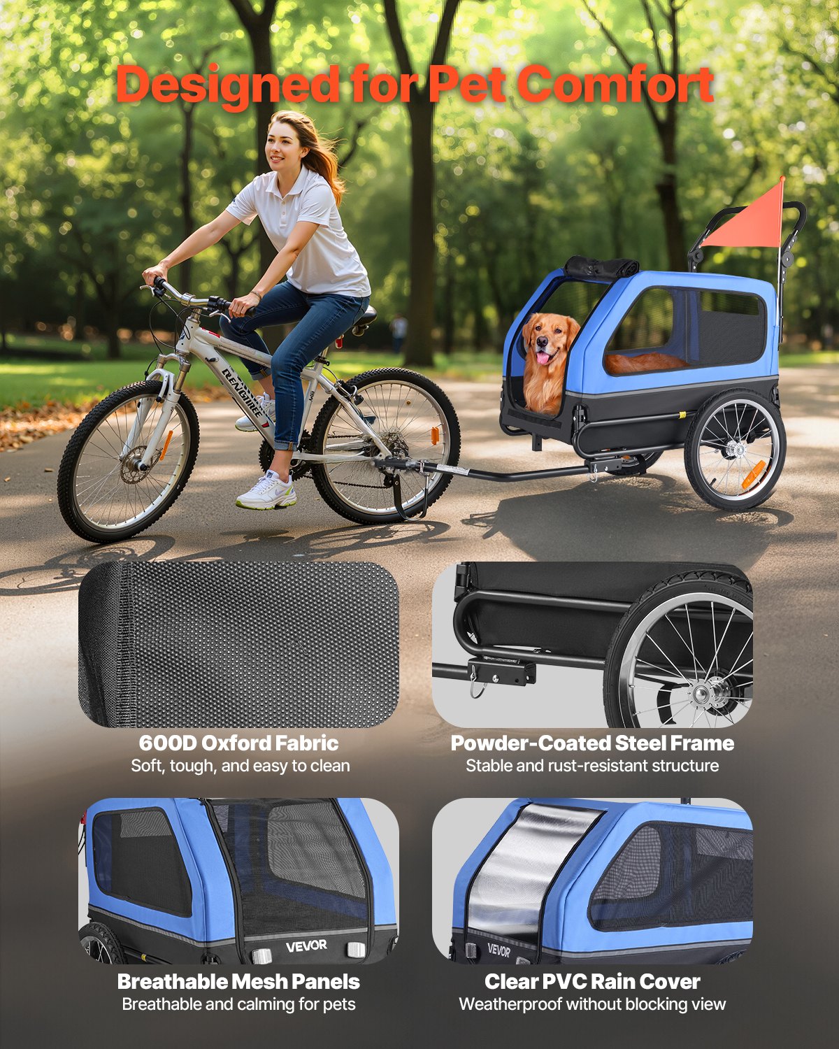 Dog Bike Trailer, Supports up to 88 lbs, 2-in-1 Pet Stroller Cart Bicycle Carrier for Small & Large Dogs, Easy Folding Frame with Quick Release Wheel, Universal Bicycle Coupler, Internal Leash