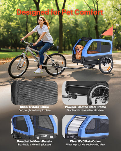 Dog Bike Trailer, Supports up to 88 lbs, 2-in-1 Pet Stroller Cart Bicycle Carrier for Small & Large Dogs, Easy Folding Frame with Quick Release Wheel, Universal Bicycle Coupler, Internal Leash
