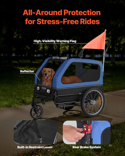 Dog Bike Trailer, Supports up to 88 lbs, 2-in-1 Pet Stroller Cart Bicycle Carrier for Small & Large Dogs, Easy Folding Frame with Quick Release Wheel, Universal Bicycle Coupler, Internal Leash