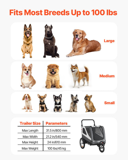 Dog Bike Trailer, Supports up to 100 lbs, 2-in-1 Pet Stroller Cart Bicycle Carrier for Small & Large Dogs, Easy Folding Frame with Quick Release Wheel, Universal Bicycle Coupler, Internal Leash