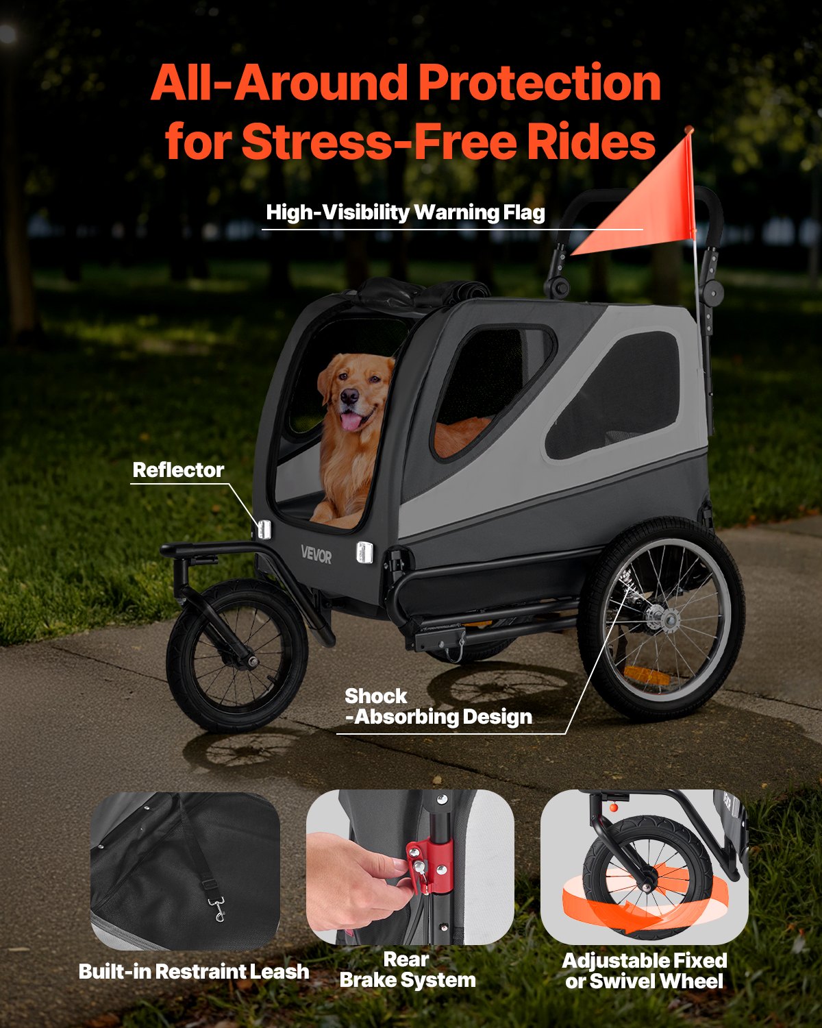 Dog Bike Trailer, Supports up to 100 lbs, 2-in-1 Pet Stroller Cart Bicycle Carrier for Small & Large Dogs, Easy Folding Frame with Quick Release Wheel, Universal Bicycle Coupler, Internal Leash