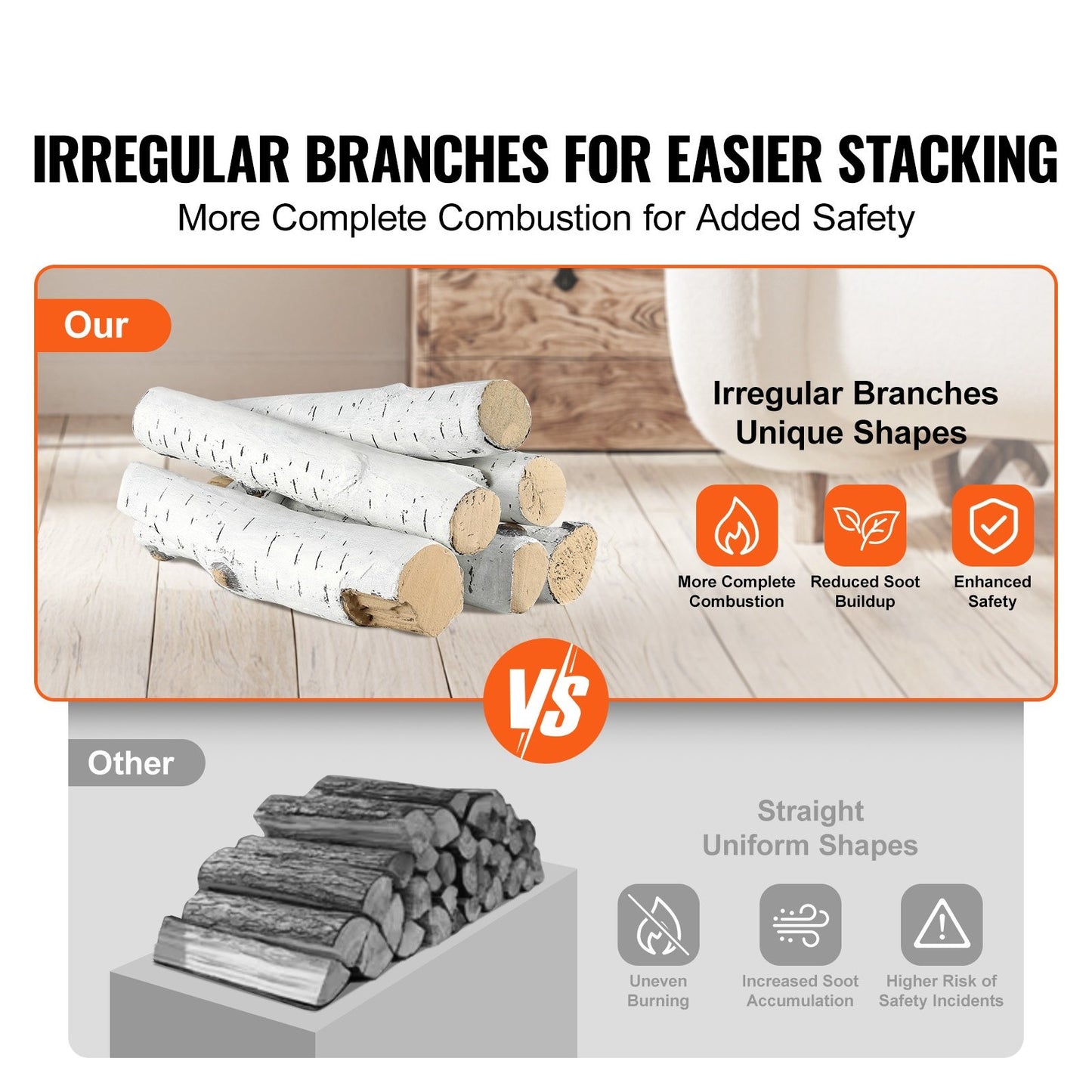 6 Stück groß mit Birkenscheiten, gasbefeuertes Keramik-Brennholz für den Kamin, hitzebeständige Brennholzscheite, gasrealistisches Brennholz, stapelbare Brennholzzweige für den gasbefeuerten Herd, Feuerschale drinnen oder draußen