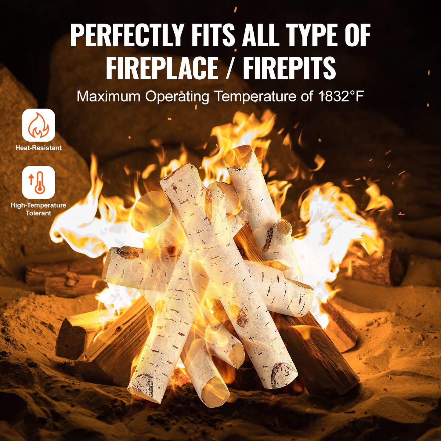 6 Stück groß mit Birkenscheiten, gasbefeuertes Keramik-Brennholz für den Kamin, hitzebeständige Brennholzscheite, gasrealistisches Brennholz, stapelbare Brennholzzweige für den gasbefeuerten Herd, Feuerschale drinnen oder draußen