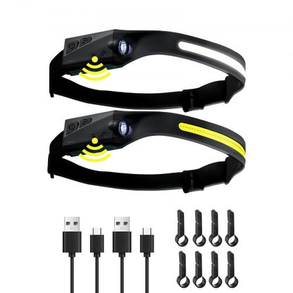 2PCS Rechargeable Headlamp, 350 lumens 230° Wide Beam, 6 Lighting Modes IPX4 Waterproof LED Head Lamp, with Motion Sensor for Camping, Hiking, Running, Repairing, Fishing, Cycling