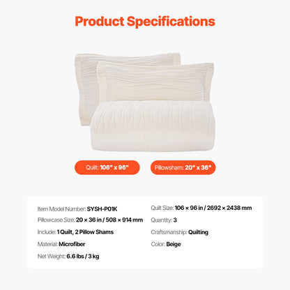 King Quilt Set, 3-Piece Lightweight Comforter, Microfiber King Size Bedding Set, Beige Bedspreads with 1 Quilt and 2 Pillow Shams, Lightweight Bedspread Coverlet Bedding Set, for All Season