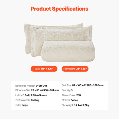 King Quilt Set, 3-Piece Lightweight Comforter, Cotton King Size Quilt Bedding Set, Beige Bedspreads with 1 Quilt and 2 Pillow Shams, Lightweight Bedspread Coverlet Bedding Set, for All Season