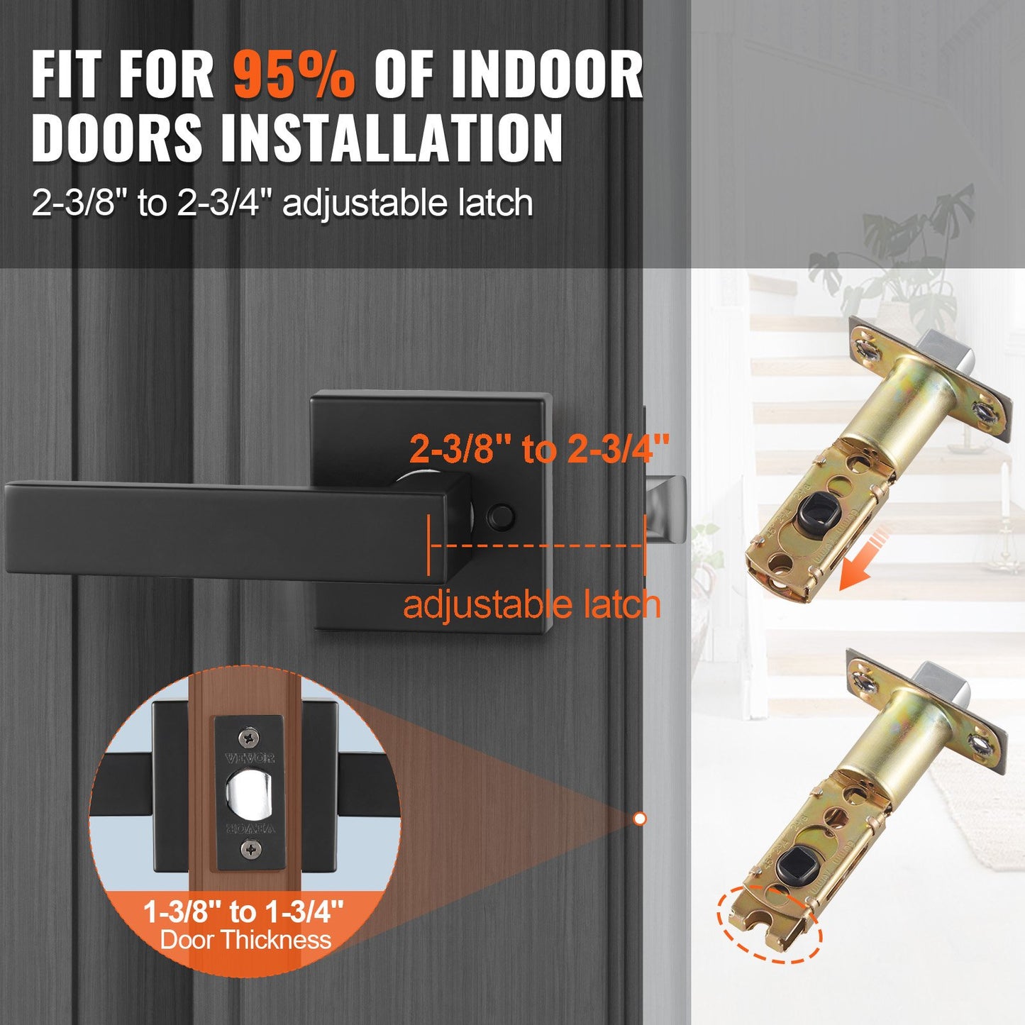 Passage Door Handle, 1 Pack Matte Black Door Lever, Left or Right Handing Reversible Lever Non-Locking, 45° Rotation to Open, Universal Square Interior for Hallways, Closets, Meeting Spaces