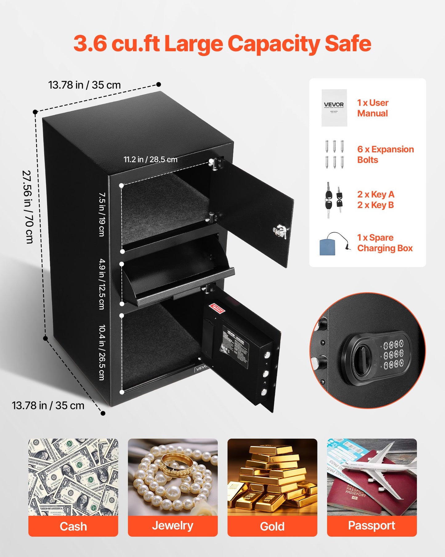 3.6 Cubic Feet Drop Safe, Large Capacity Front Drop Slot Safe Box with Digital Keypad, Heavy Duty 3 Tiers Cash Depository Box with Spare Keys for Cash, Bank Slip, Jewelry, Document, Bill, Black