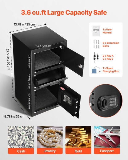 3.6 Cubic Feet Drop Safe, Large Capacity Front Drop Slot Safe Box with Digital Keypad, Heavy Duty 3 Tiers Cash Depository Box with Spare Keys for Cash, Bank Slip, Jewelry, Document, Bill, Black