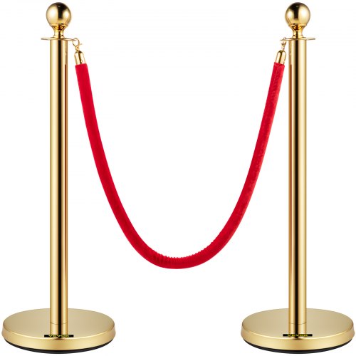Velvet Ropes and Posts, 5 ft/1.5 m Red Rope, Stainless Steel Gold Stanchion with Ball Top, Red Crowd Control Barrier Used for Theaters, Party, Wedding, Exhibition, Ticket Offices 2 Pack Sets