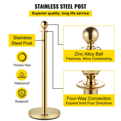 Velvet Ropes and Posts, 5 ft/1.5 m Red Rope, Stainless Steel Gold Stanchion with Ball Top, Red Crowd Control Barrier Used for Theaters, Party, Wedding, Exhibition, Ticket Offices 2 Pack Sets