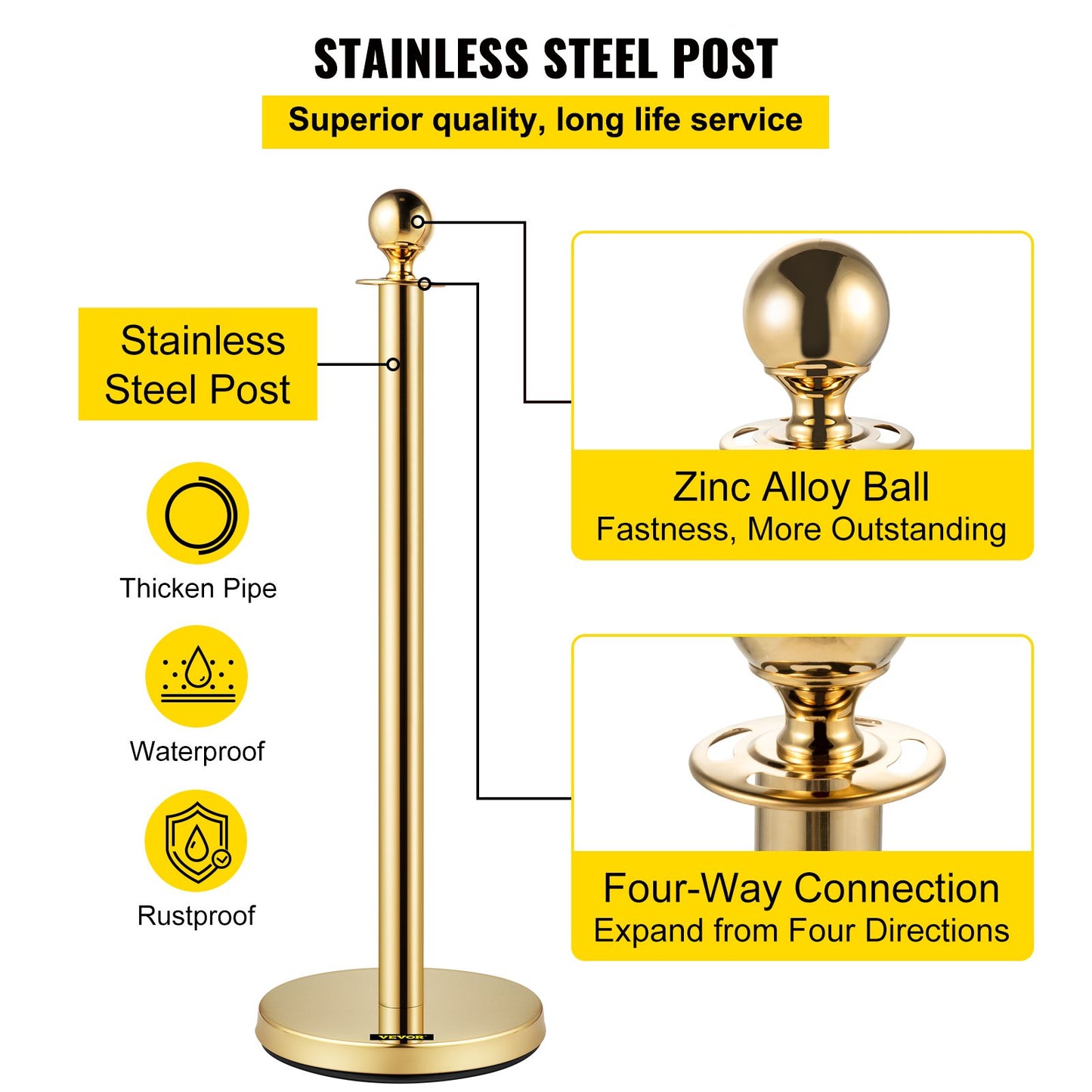 Velvet Ropes and Posts, 5 ft/1.5 m Red Rope, Stainless Steel Gold Stanchion with Ball Top, Red Crowd Control Barrier Used for Theaters, Party, Wedding, Exhibition, Ticket Offices Pack Sets (6)