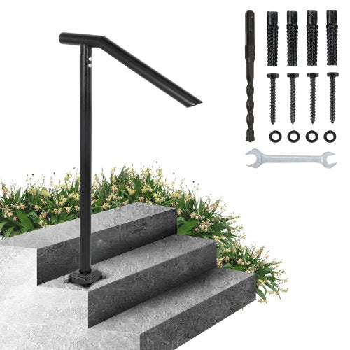 3Ft Step Railing, Iron Stair Handrail Floor Mounted Sturdy Black Arched Handrails for Outdoor Indoor Steps Fits 2 to 3 Steps