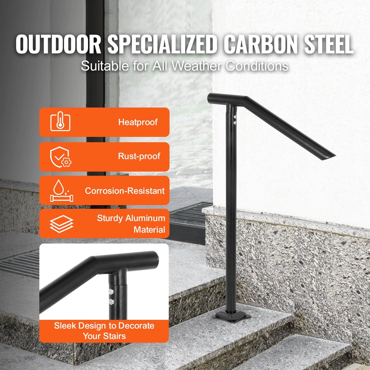 3Ft Step Railing, Iron Stair Handrail Floor Mounted Sturdy Black Arched Handrails for Outdoor Indoor Steps Fits 2 to 3 Steps