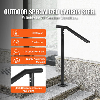 3Ft Step Railing, Iron Stair Handrail Floor Mounted Sturdy Black Arched Handrails for Outdoor Indoor Steps Fits 2 to 3 Steps