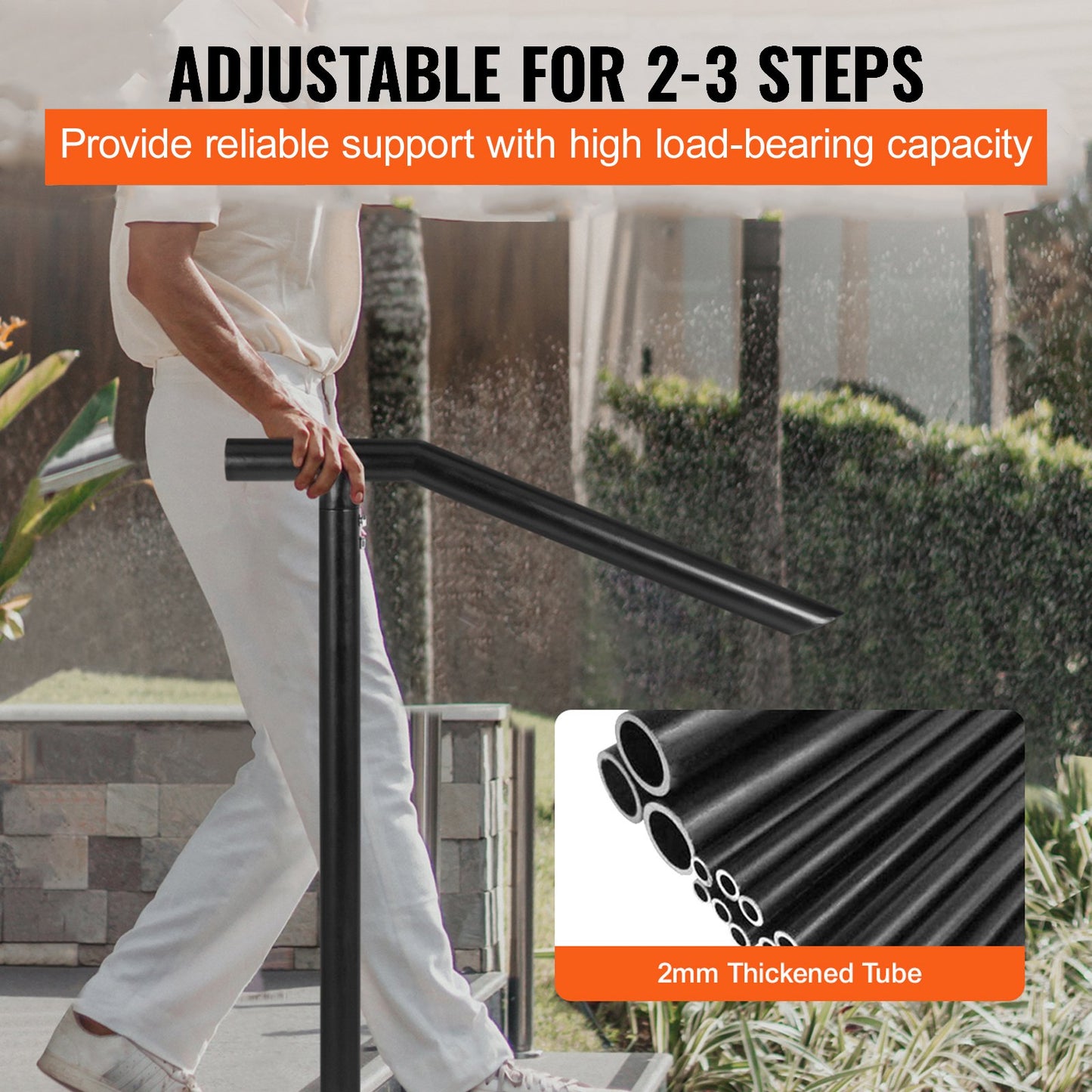 3Ft Step Railing, Iron Stair Handrail Floor Mounted Sturdy Black Arched Handrails for Outdoor Indoor Steps Fits 2 to 3 Steps