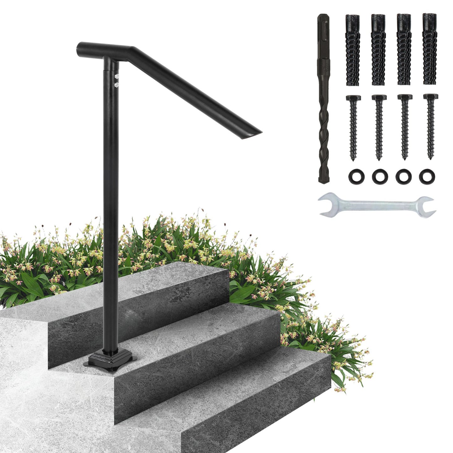 3Ft Step Railing, Iron Stair Handrail Floor Mounted Sturdy Black Arched Handrails for Outdoor Indoor Steps Fits 2 to 3 Steps