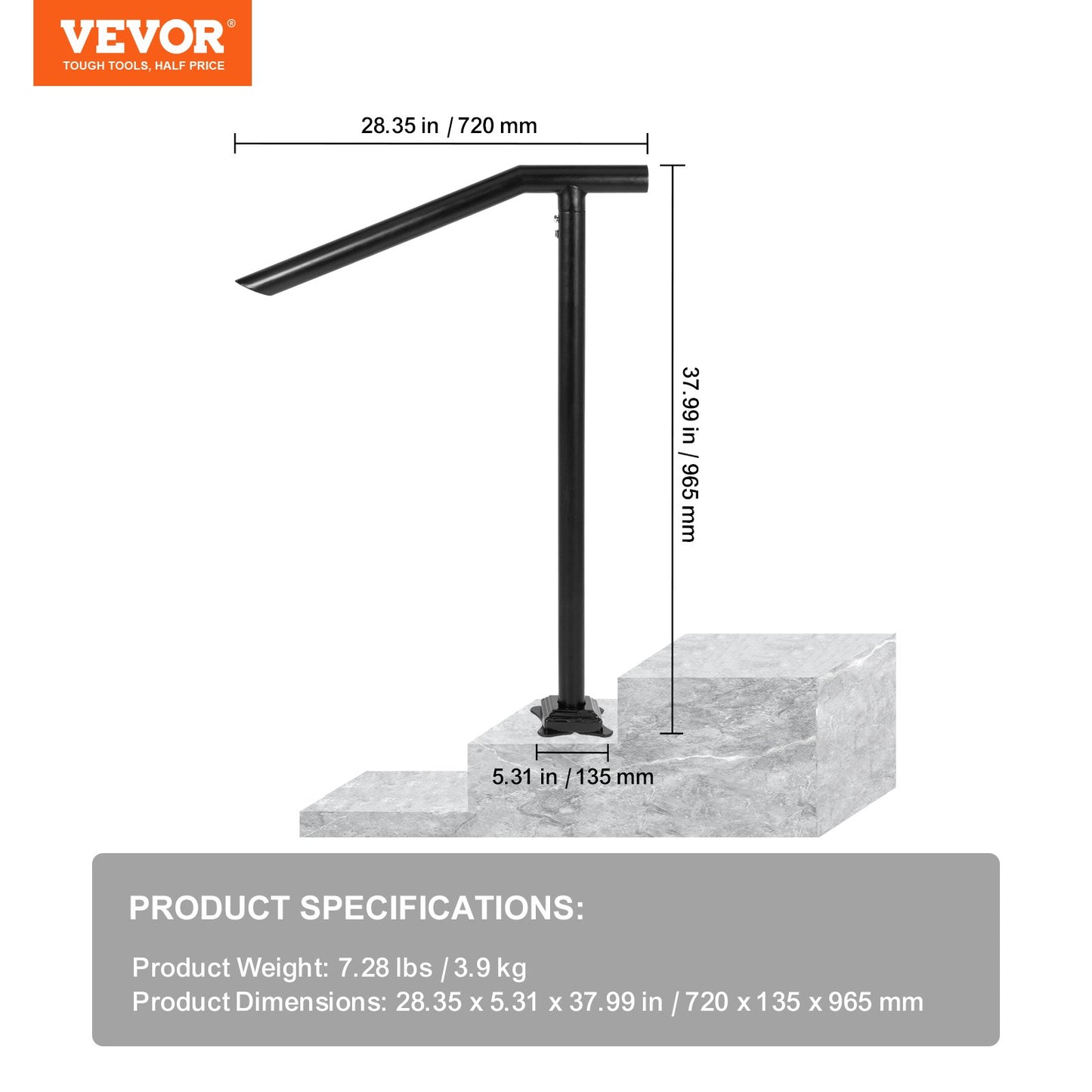 Handlauf, 1–3 Stufen, schwarzes Stahlgeländer für Stufen, 150 kg Tragkraft, Treppenhandlauf, rückseitig lackierter Metallhandlauf für Treppen, stilvolle Handläufe für Außenstufen mit Dehnschrauben und Bohrer