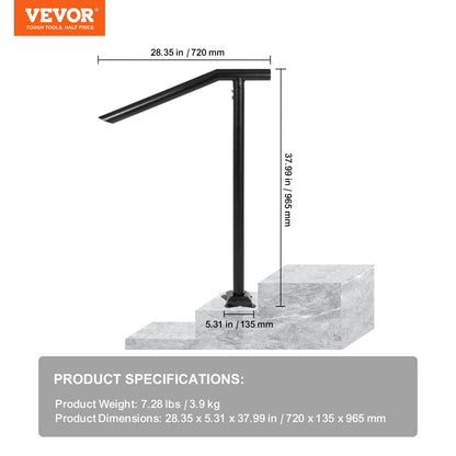 Handlauf, 1–3 Stufen, schwarzes Stahlgeländer für Stufen, 150 kg Tragkraft, Treppenhandlauf, rückseitig lackierter Metallhandlauf für Treppen, stilvolle Handläufe für Außenstufen mit Dehnschrauben und Bohrer