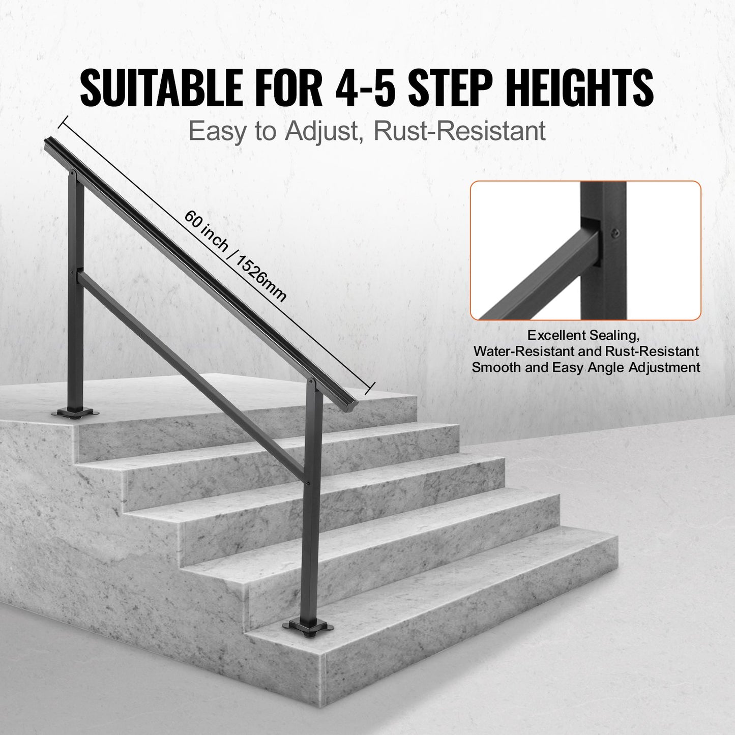 Outdoor Handrail 165LBS Load Handrail Outdoor Stairs Aluminum Stair Handrail 60 x 35" Outdoor Stair Railing Transitional Range from 0 to 30° Staircase Handrail Fits 4-5 Steps with Screw Kit