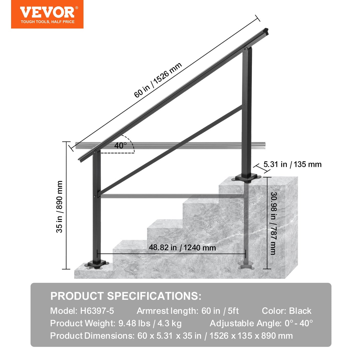 Outdoor Handrail 165LBS Load Handrail Outdoor Stairs Aluminum Stair Handrail 60 x 35" Outdoor Stair Railing Transitional Range from 0 to 30° Staircase Handrail Fits 4-5 Steps with Screw Kit