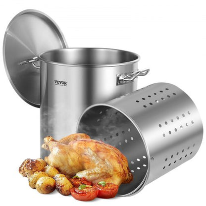 Stainless Steel Stockpot, 42 Quart Large Cooking Pots, Cookware Sauce Pot with Basket, Lid, and Handle, Heavy Duty Commercial Grade Stock Pot, Sanding Treatment, for Large Groups Events Silver