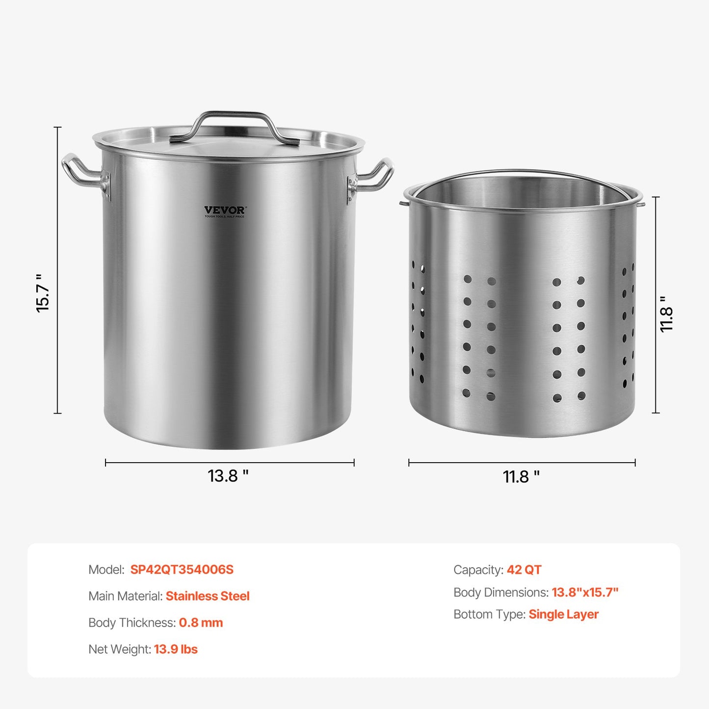 Stainless Steel Stockpot, 42 Quart Large Cooking Pots, Cookware Sauce Pot with Basket, Lid, and Handle, Heavy Duty Commercial Grade Stock Pot, Sanding Treatment, for Large Groups Events Silver