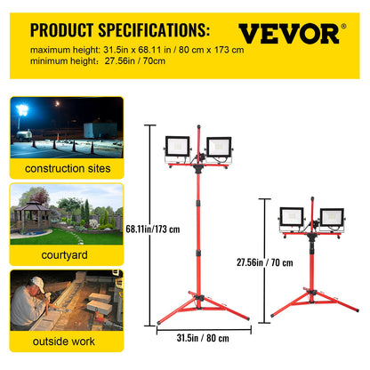 LED Work Light with Stand, 10000 Lumen Dual-head LED Work Light with 27.6\"-68.1\" Adjustable and Foldable Tripod Stand, IP65 Waterproofed LED Tripod Work Light, with 5000 Kelvin Color Temperatu