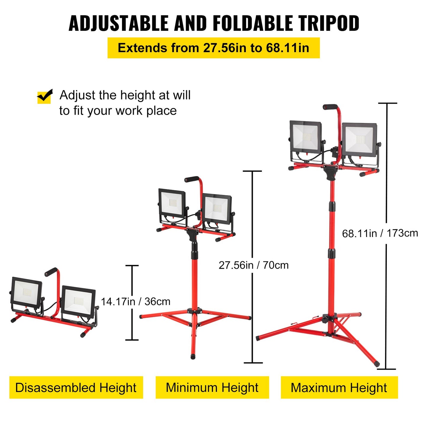 LED Work Light with Stand, 20000 Lumen Dual-head LED Work Light with 27.6\"-68.1\" Adjustable and Foldable Tripod Stand, IP65 Waterproofed LED Tripod Work Light, with 5000 Kelvin Color Temperatu