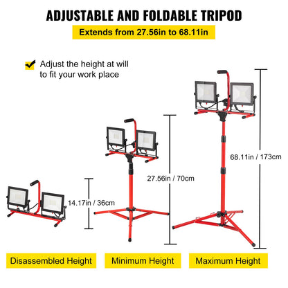 LED Work Light with Stand, 20000 Lumen Dual-head LED Work Light with 27.6\"-68.1\" Adjustable and Foldable Tripod Stand, IP65 Waterproofed LED Tripod Work Light, with 5000 Kelvin Color Temperatu