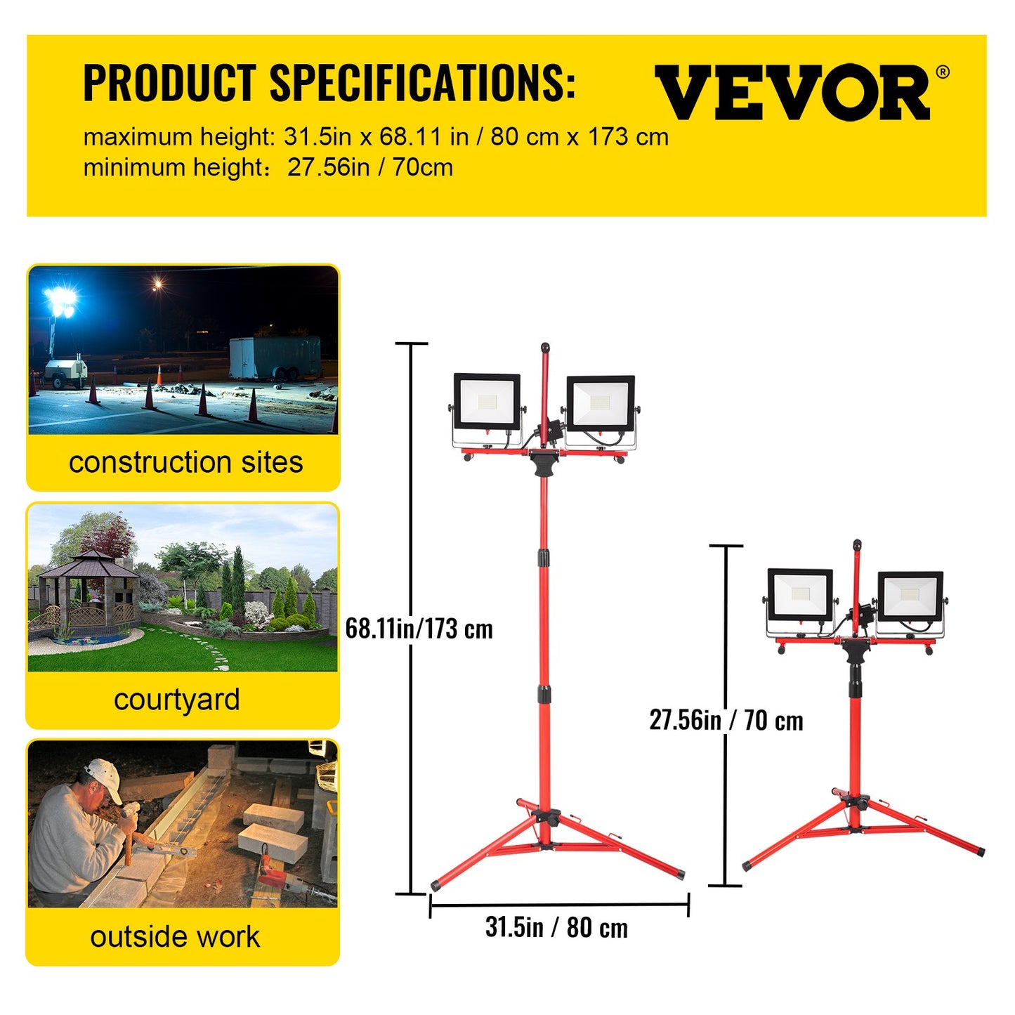 LED Work Light with Stand, 20000 Lumen Dual-head LED Work Light with 27.6\"-68.1\" Adjustable and Foldable Tripod Stand, IP65 Waterproofed LED Tripod Work Light, with 5000 Kelvin Color Temperatu