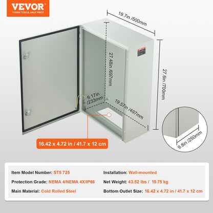 Steel Electrical Box, 27.6 x 19.7 x 9.8 in, Cold Rolled Steel Electrical Enclosure Box, Wall-Mounted Outdoor Electronic Equipment Enclosure with Mounting Plate, Hinges, Lock, IP66 Waterproof