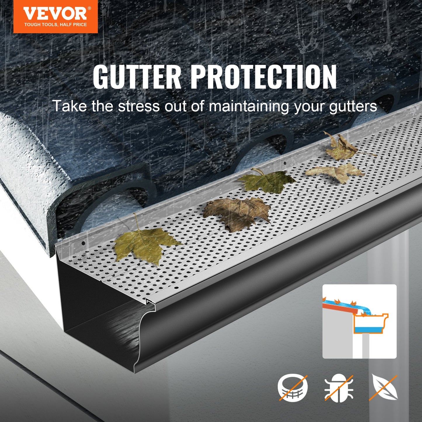 Gutter guard, 152 mm width, aluminum leaf filter Do-it-yourself gutter guard, 52 pcs 528 cm total length, 4 mm hole diameter and 0.5 mm thick Raptor gutter guards Fits all roof or gutter types